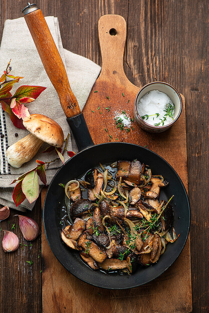 Autumnal mushroom dish in a pan
