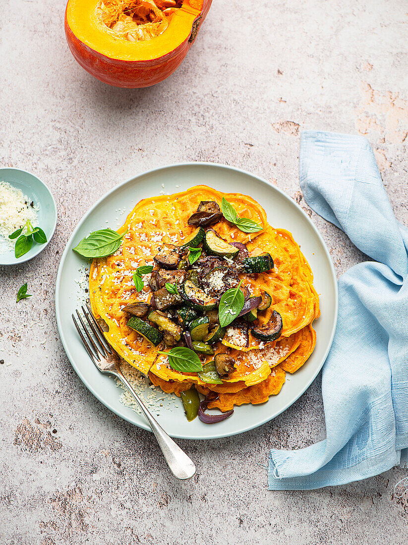 Hearty pumpkin waffles with roasted vegetables