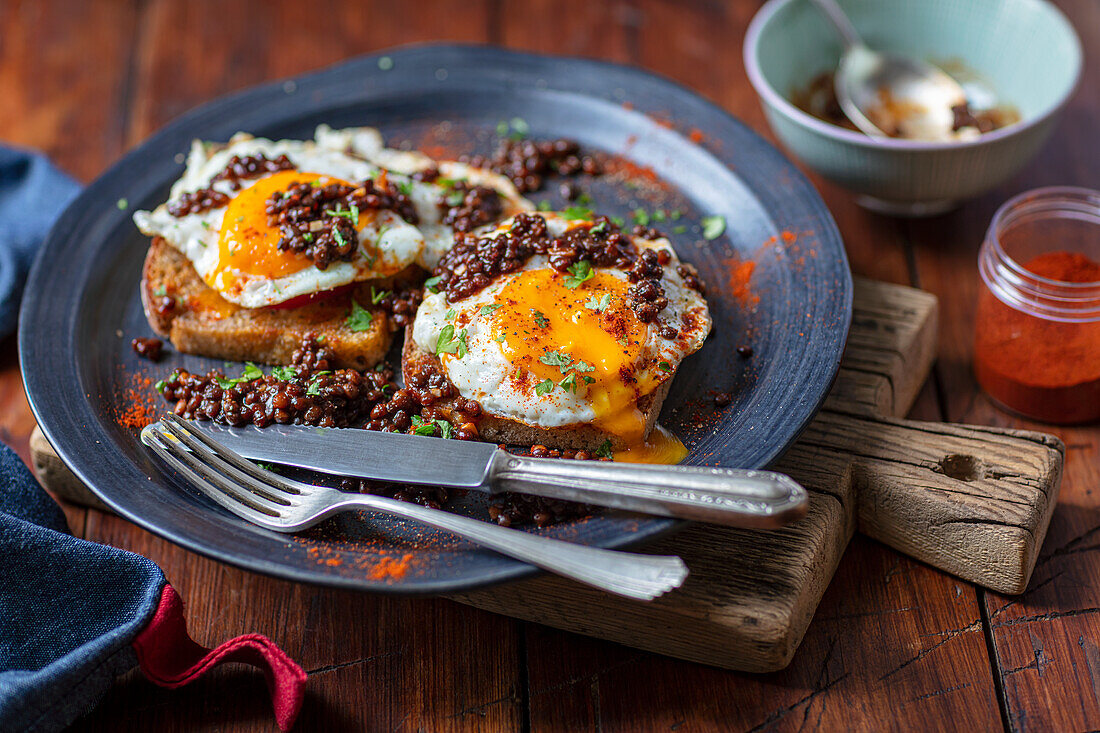 Wholemaeal toasts with fried egg and lentils
