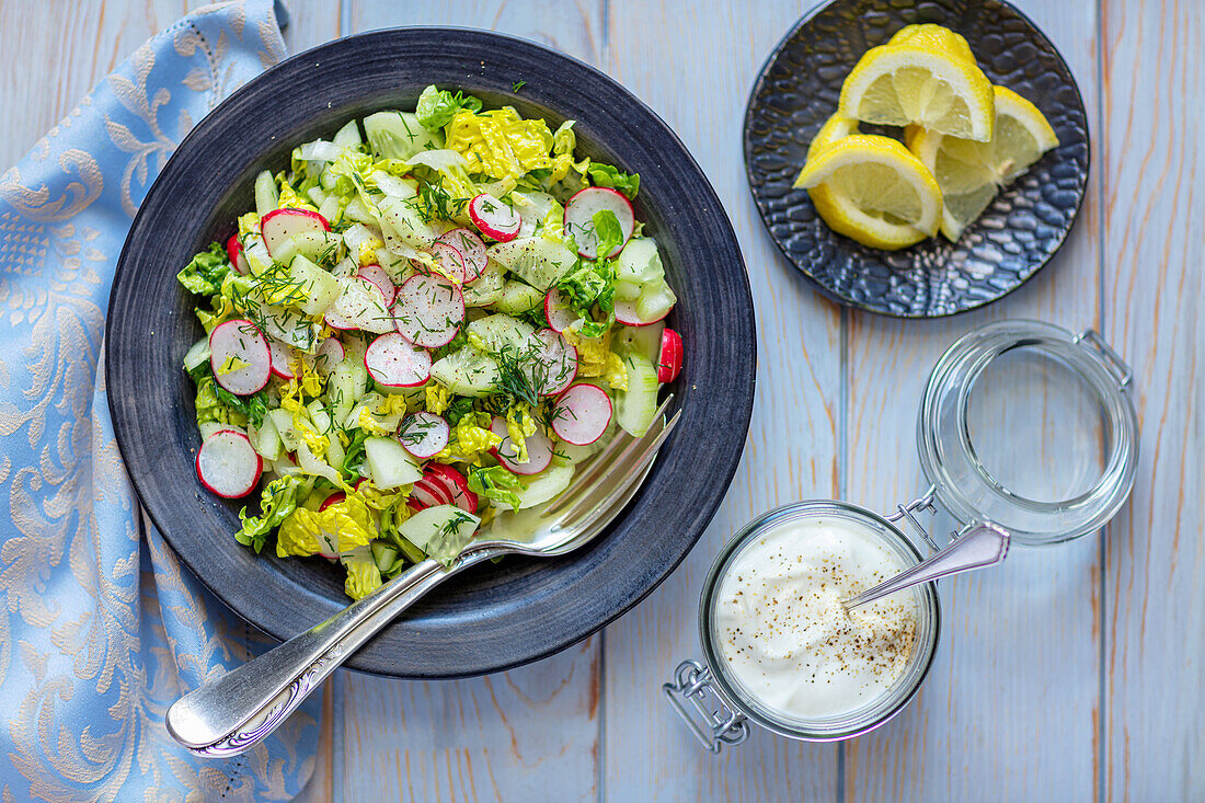 Salad lettuce, radishes, cucumber, yogurt sauce