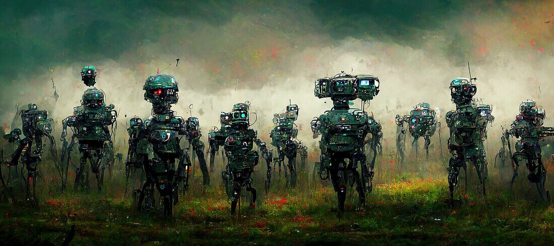 Robotic soldiers, conceptual illustration