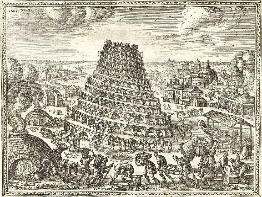 Builiding of the Tower of Babel, 17th century illustration