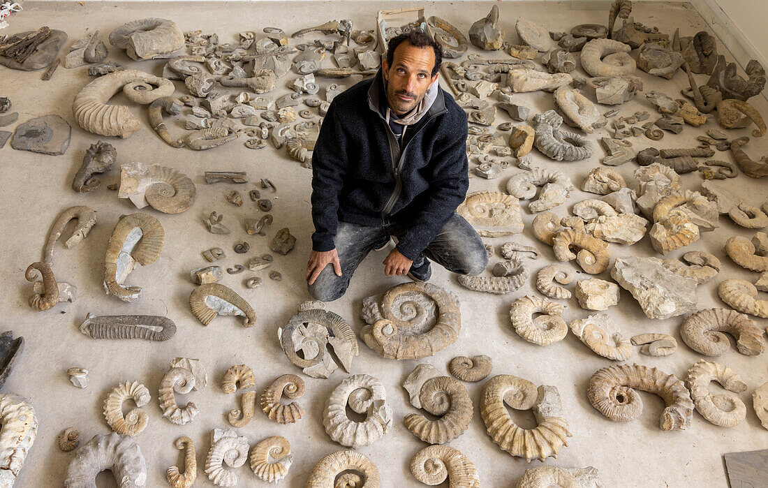 Paleontologist with his collection of ammonites