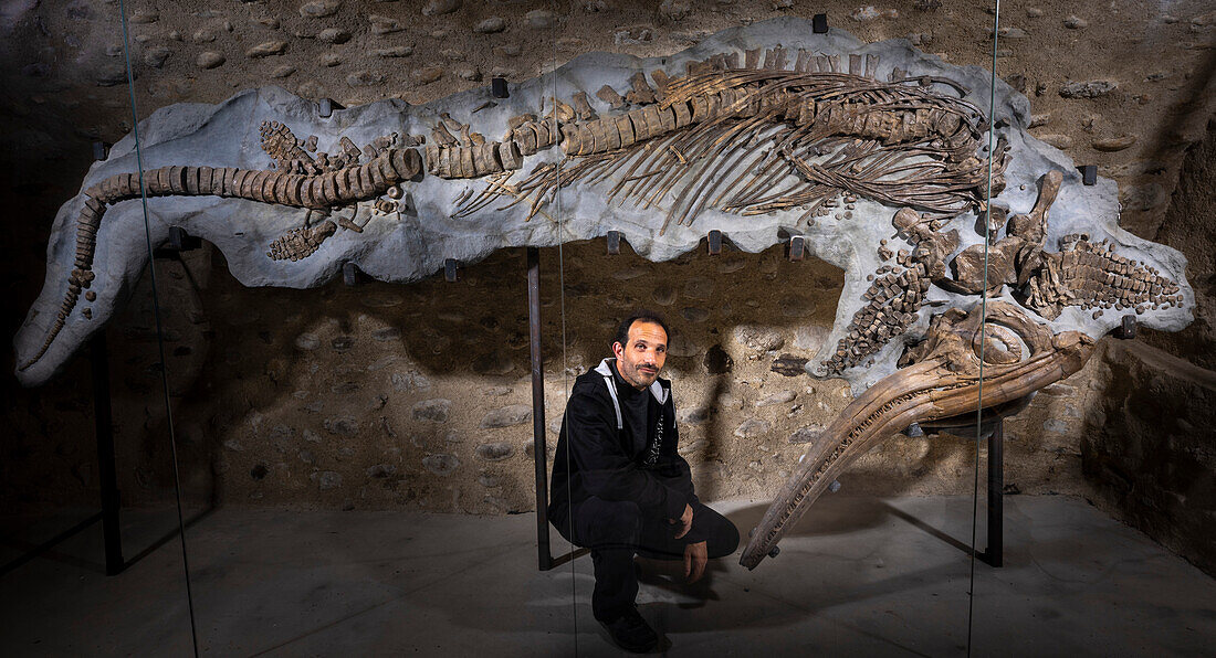 Palaeontologist next to ichthyosaur fossil