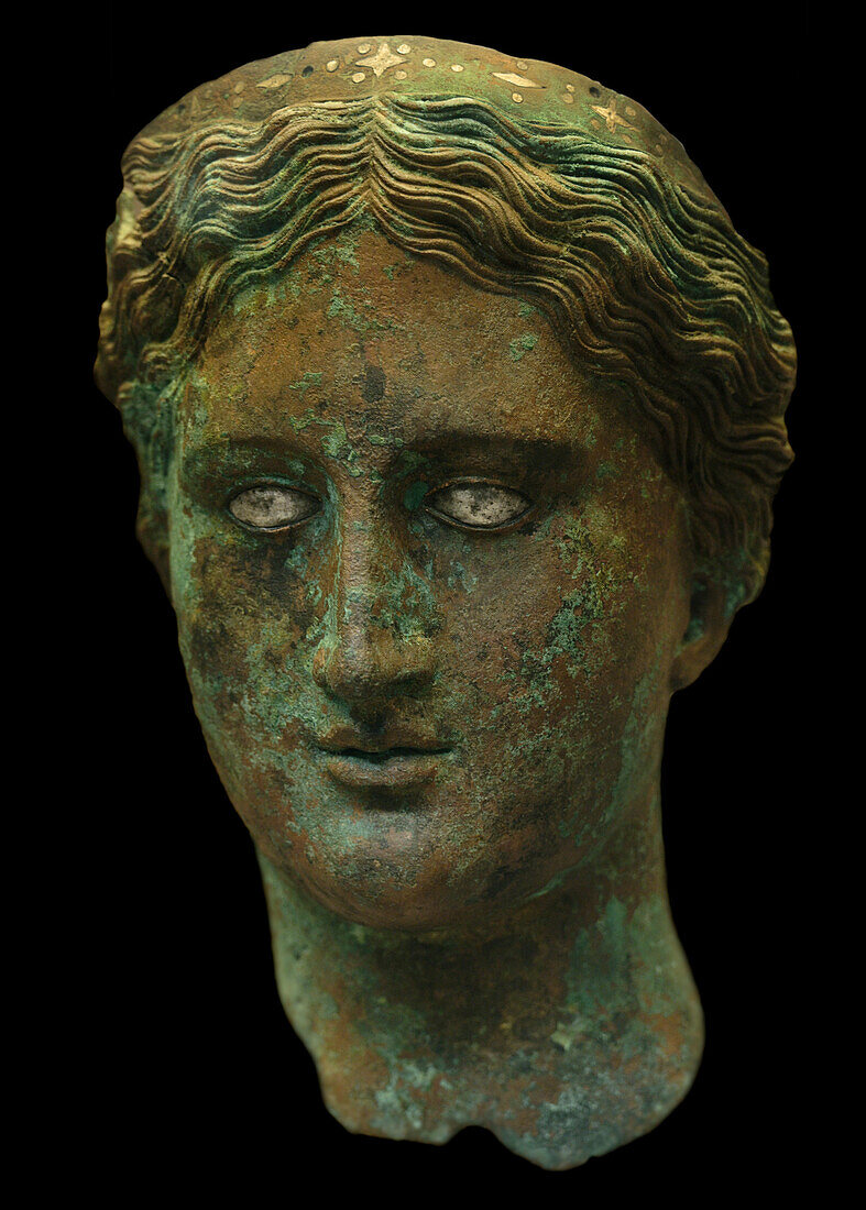 Bronze head of Greek woman or goddess.