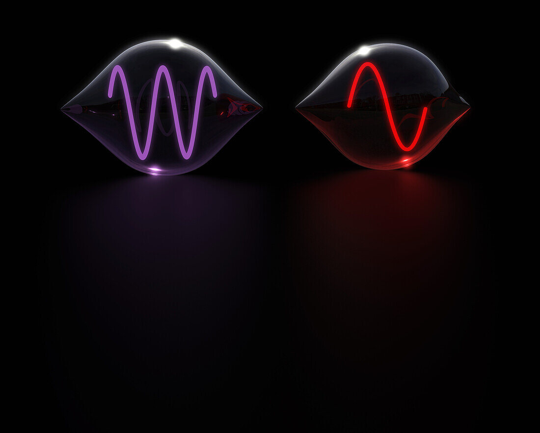 Violet and red visible light photons, illustration