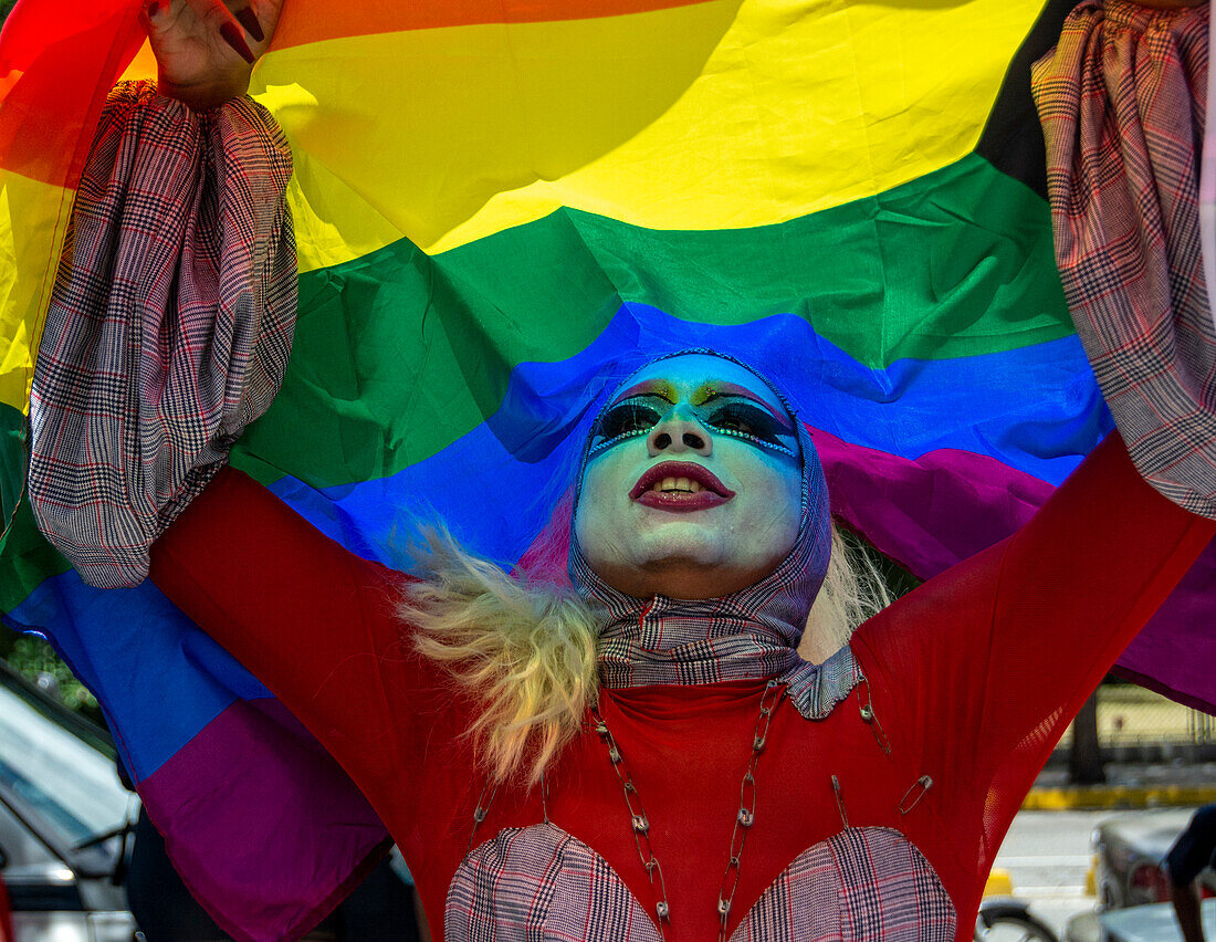 Rainbow flag at a pride parade in Caracas, Venezuela