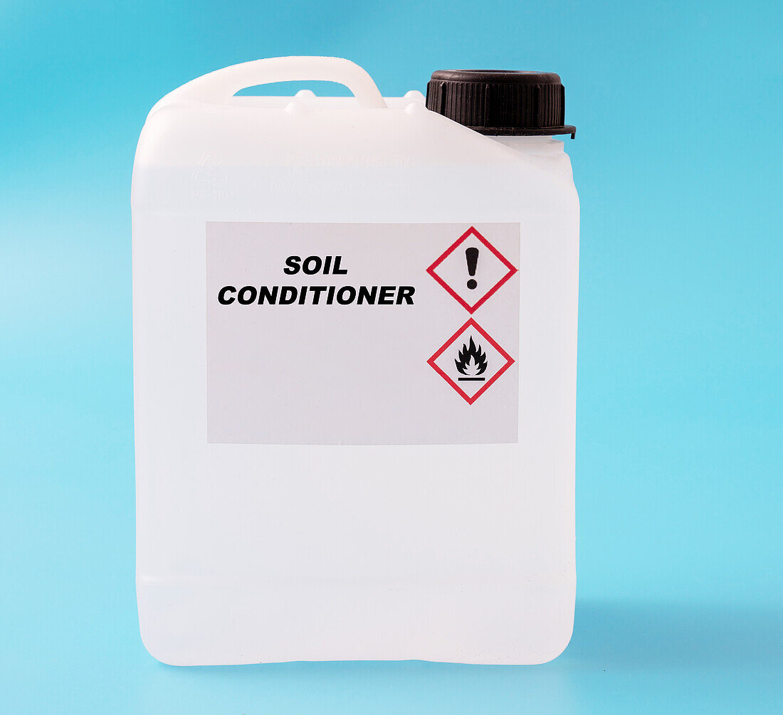 Soil conditioner in a plastic canister, conceptual image