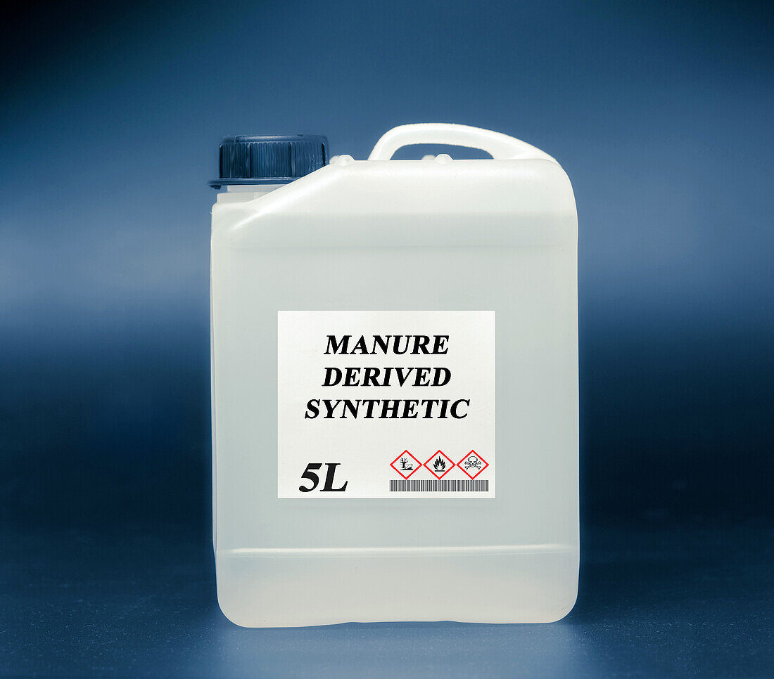 Canister of manure derived synthetic biofuel