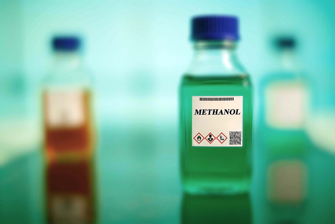 Glass bottle of methanol biofuel