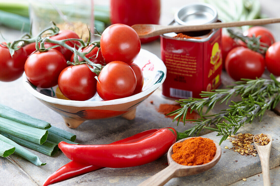 Tomatoes, chillies and spices