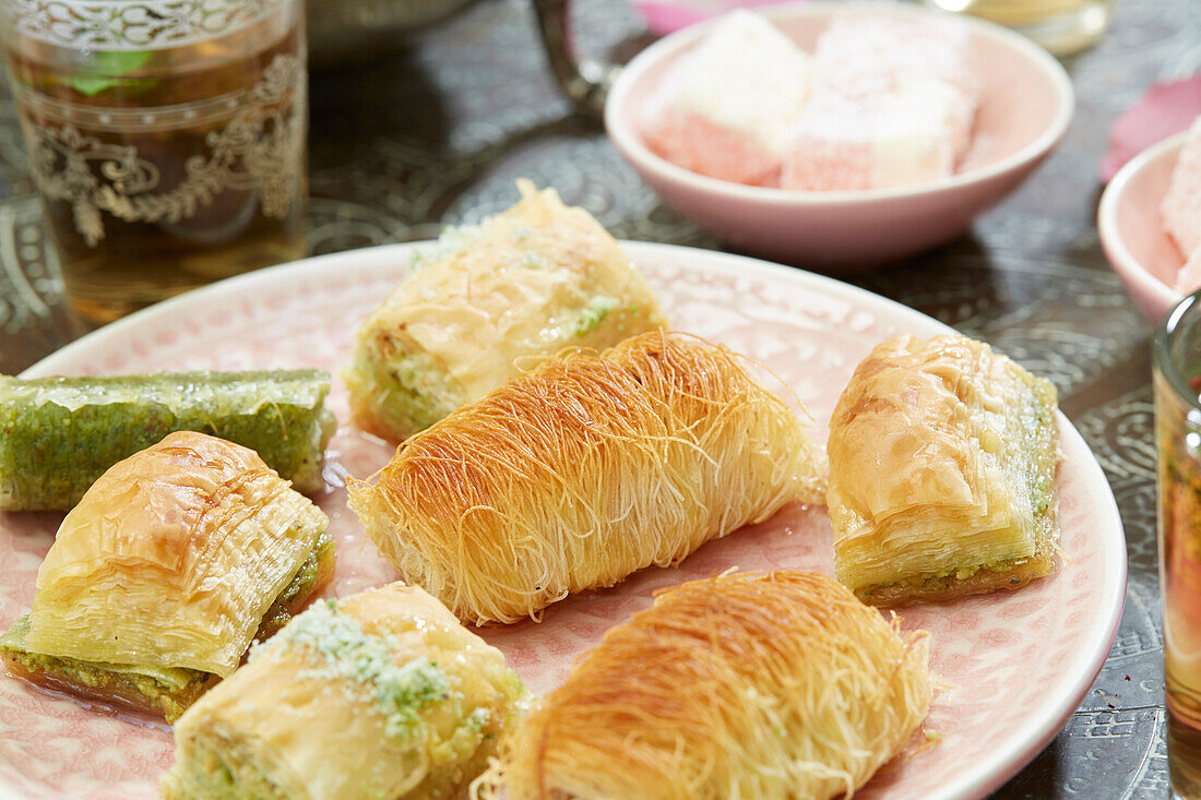 Puff pastry on a pink plate