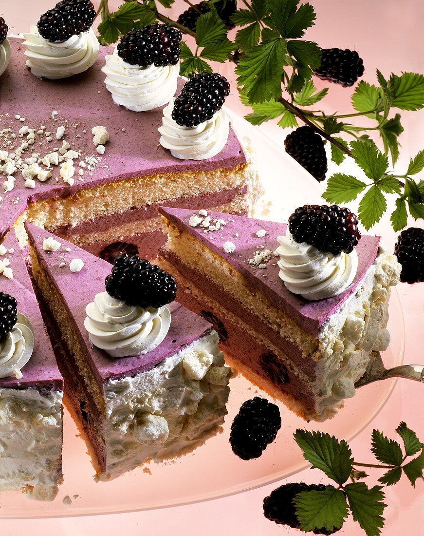 Blackberry cream gateau, pieces cut, one piece on cake server