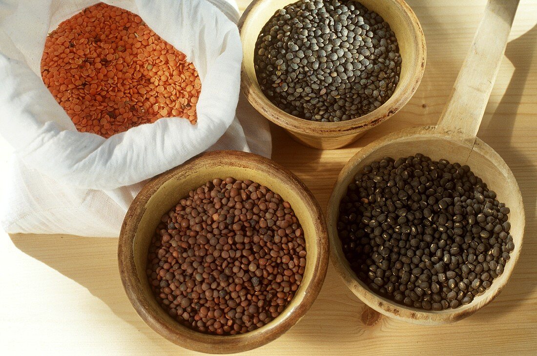 Four different types of lentils in pots