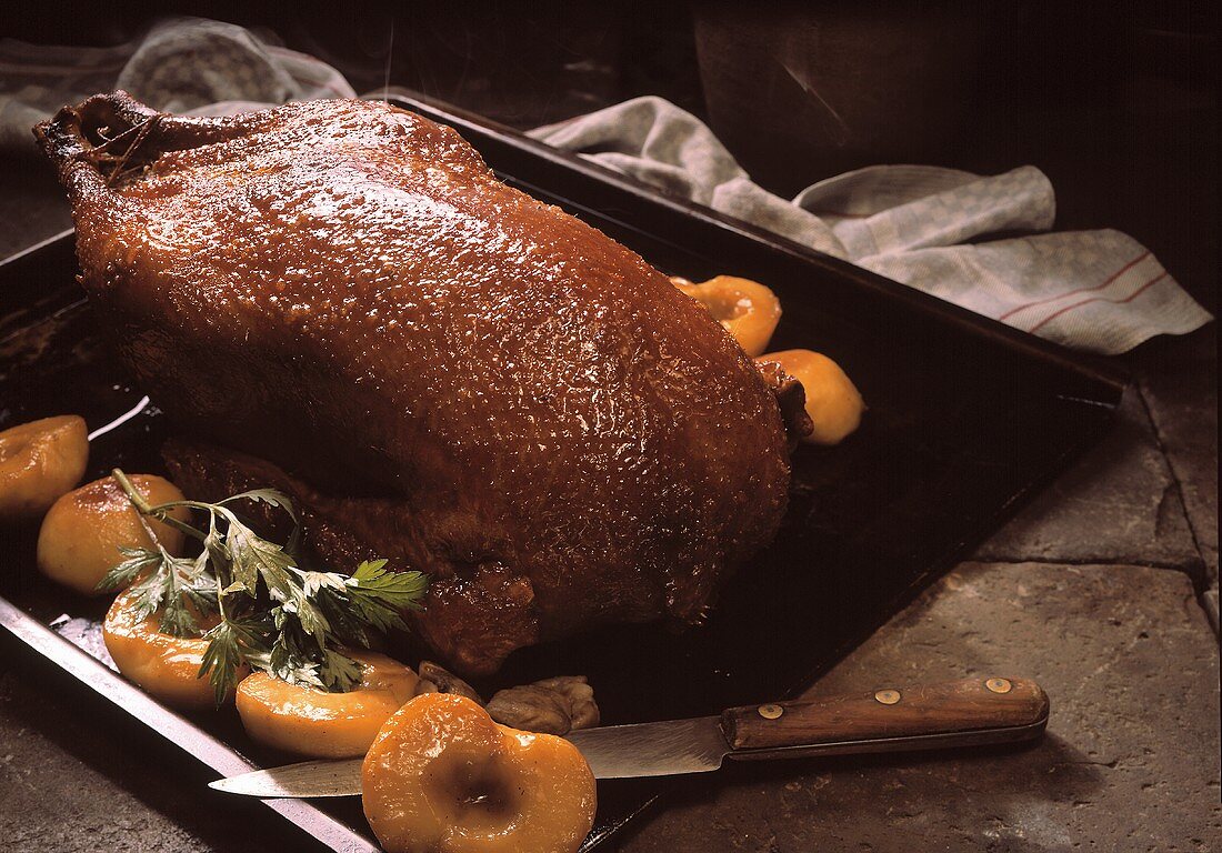 Whole Roast Goose in a Roasting Pan