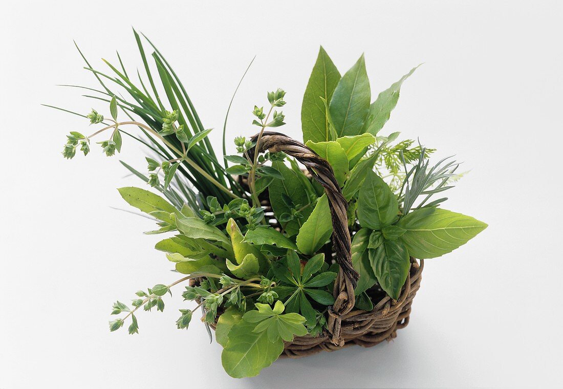 Assorted herbs in small wicker basket