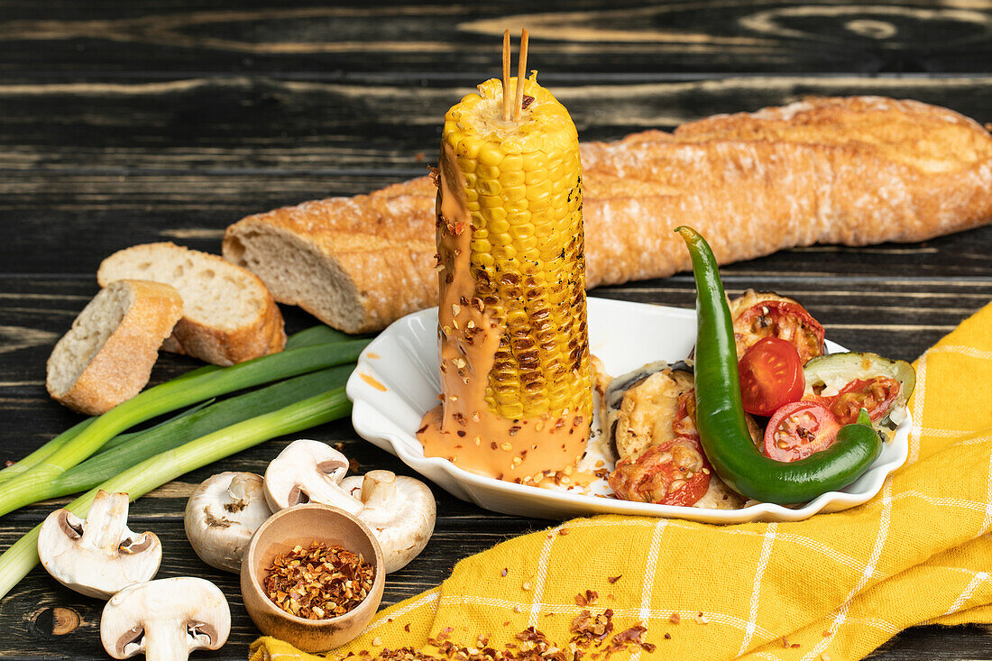 Grilling - Grilled corn with side dish