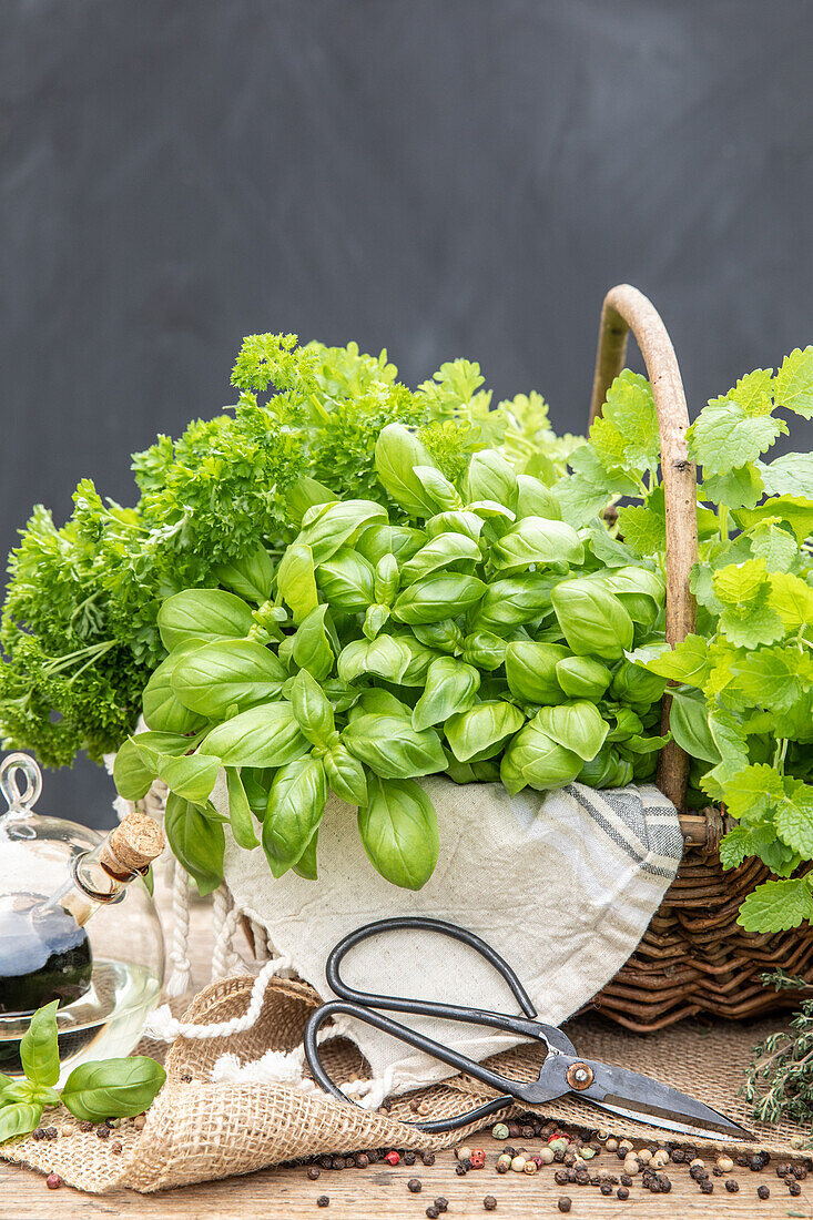 Basket with various herbs