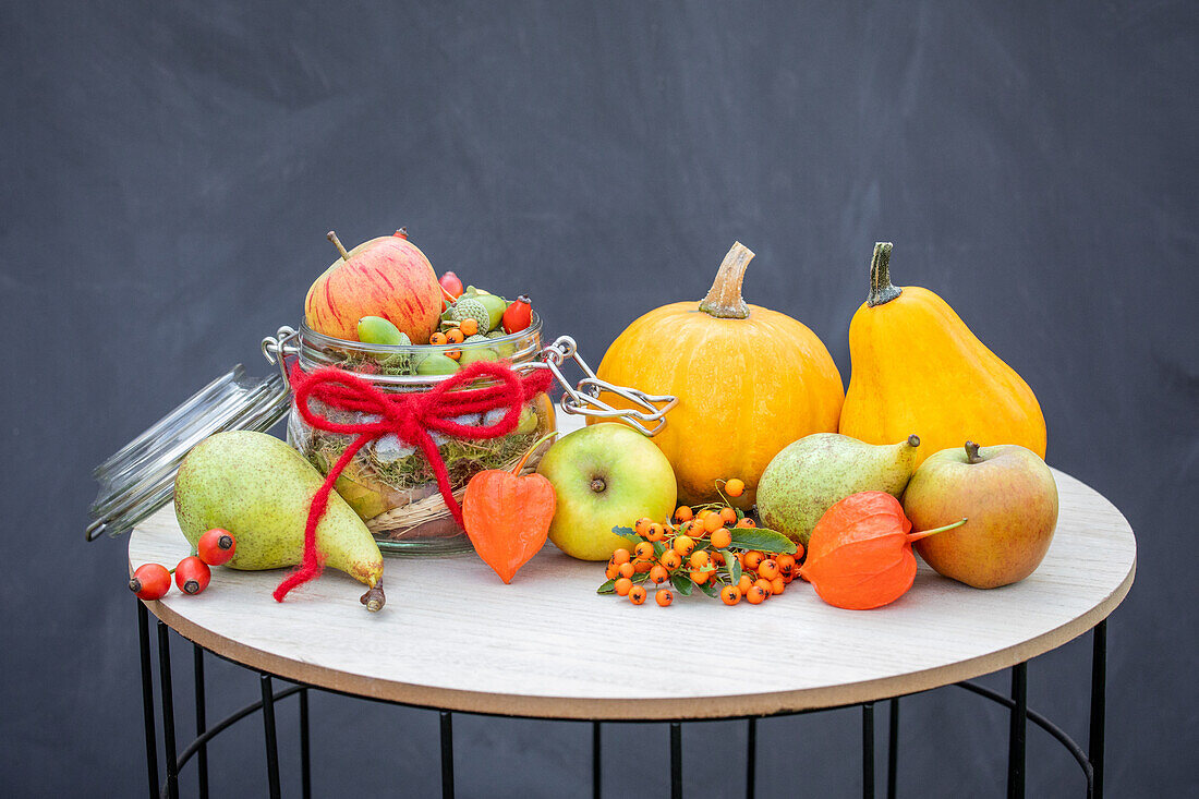 Autumn decoration - Autumn fruits, pumpkins, Physalis