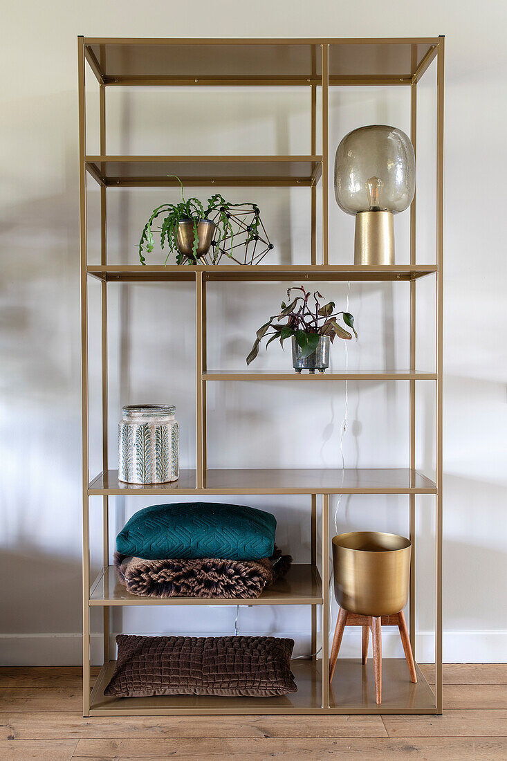 Modern metal shelf with plants, cushions and decorative objects in the living room