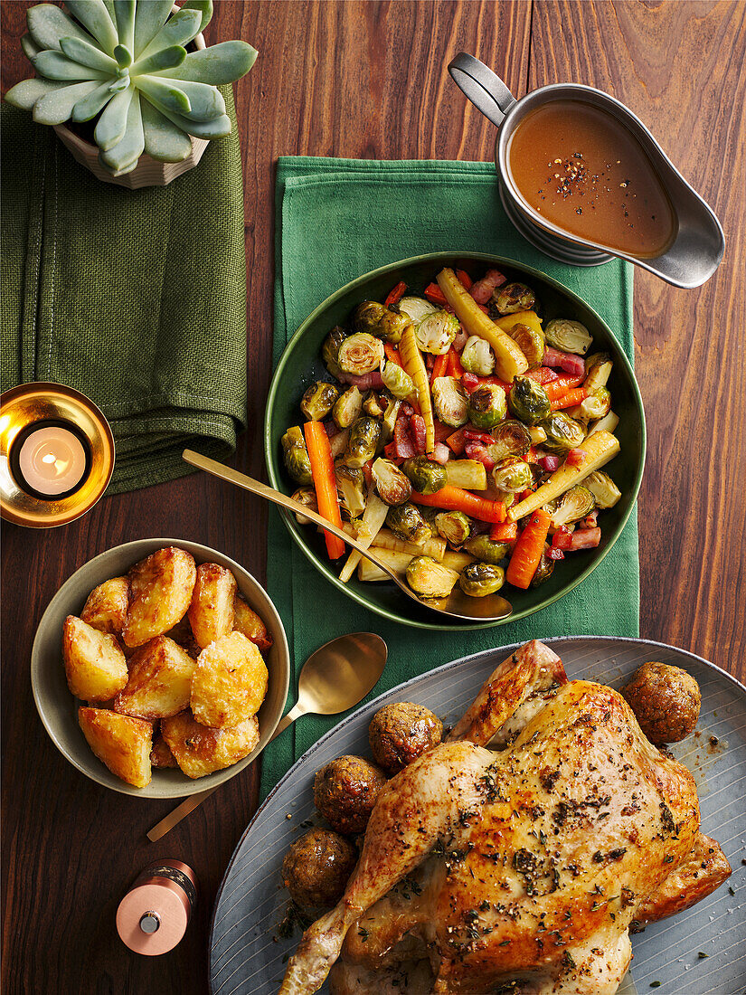 Roast chicken with potatoes and Brussels sprouts