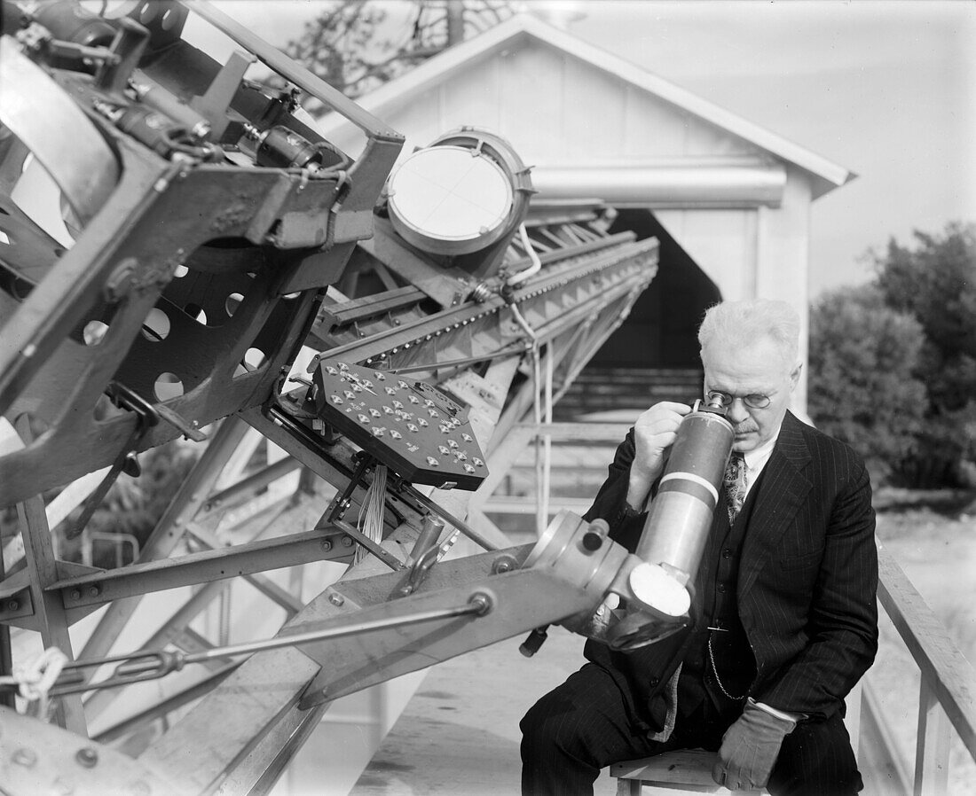 Francis Pease with interferometer, Mount Wilson Observatory, 1925