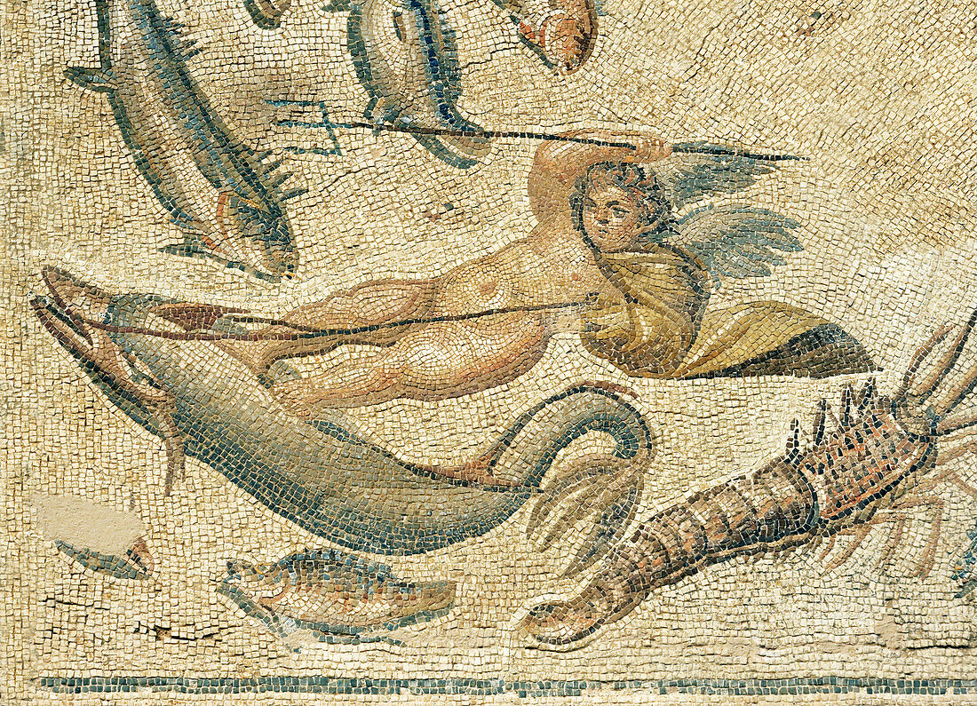 Mosaic of fishing scene and cupid