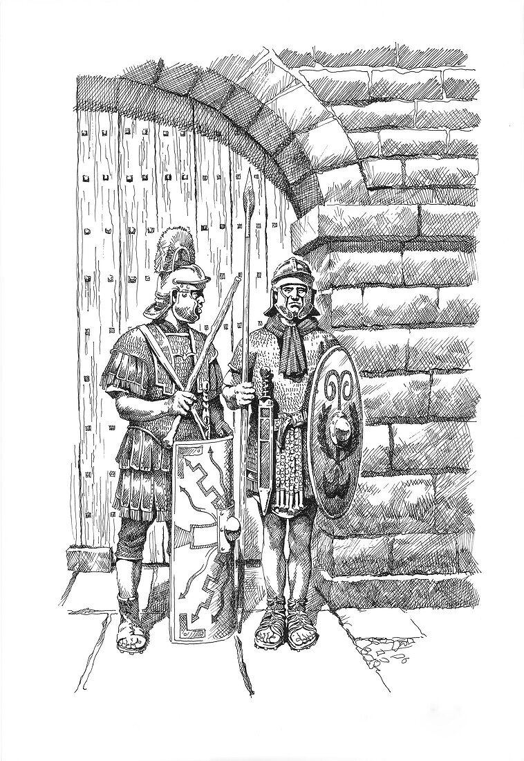 Roman soldiers on sentry duty on Hadrian's Wall, illustration