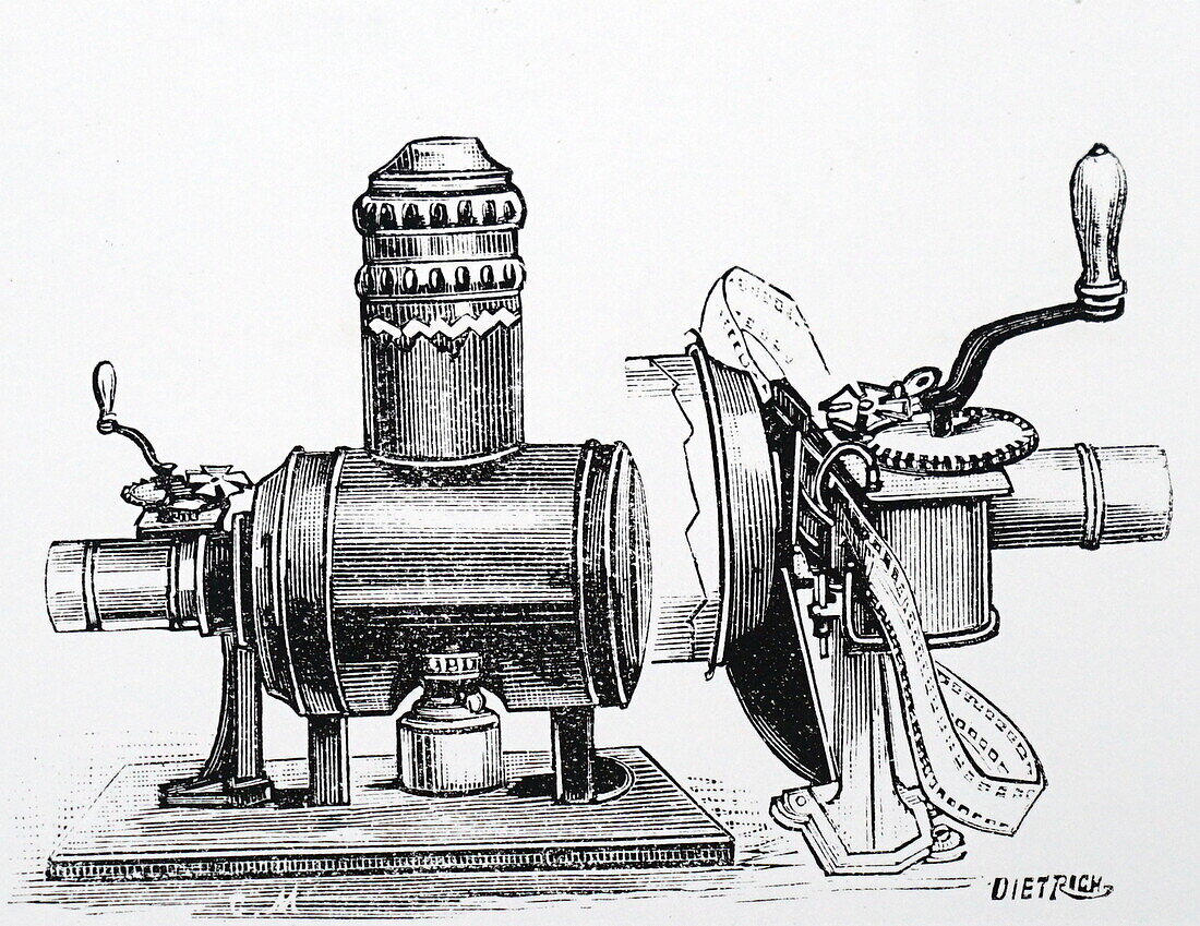 Hand-cranked film projector, 1898, illustration