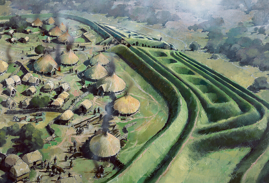 Aerial view of entrance to Old Oswestry Hill Fort, illustration