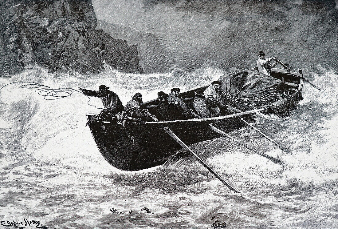 Cornish fishing boat in heavy seas, illustration