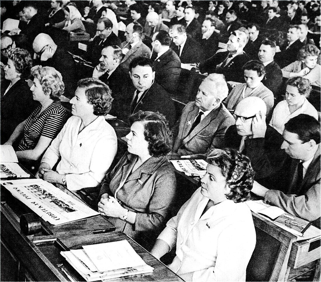 Soviet factory workers receive education after work, 1965