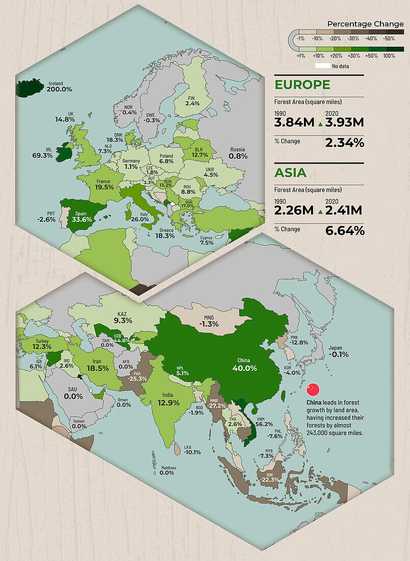 Changes in forest area in Europe and Asia, illustration