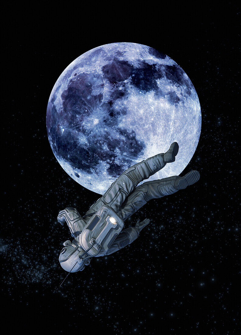 Astronaut floating above frozen Earth, illustration