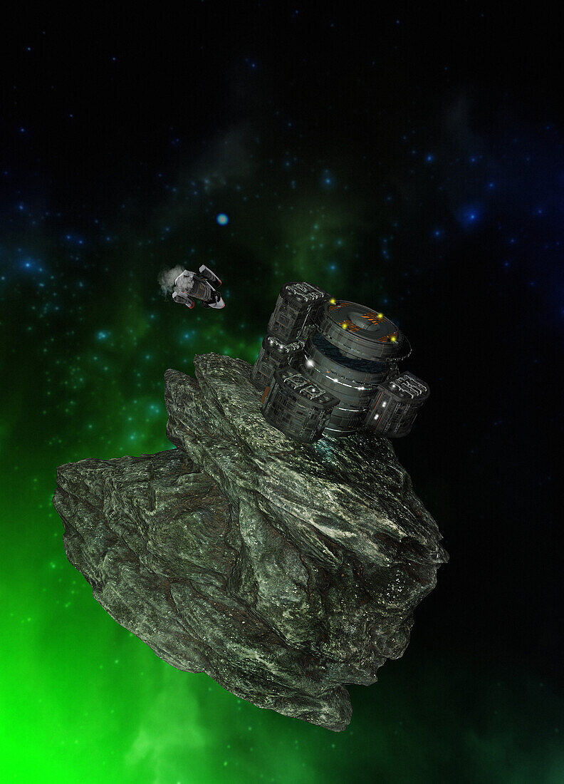 Mining spaceships at asteroid, illustration