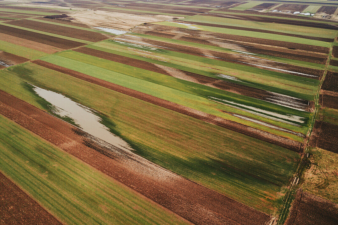 Aerial view of flooded cultivated fields