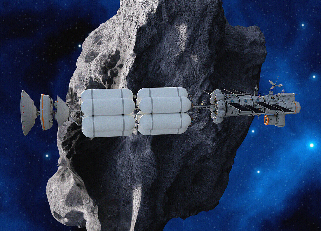 Space station docking near asteroid, illustration