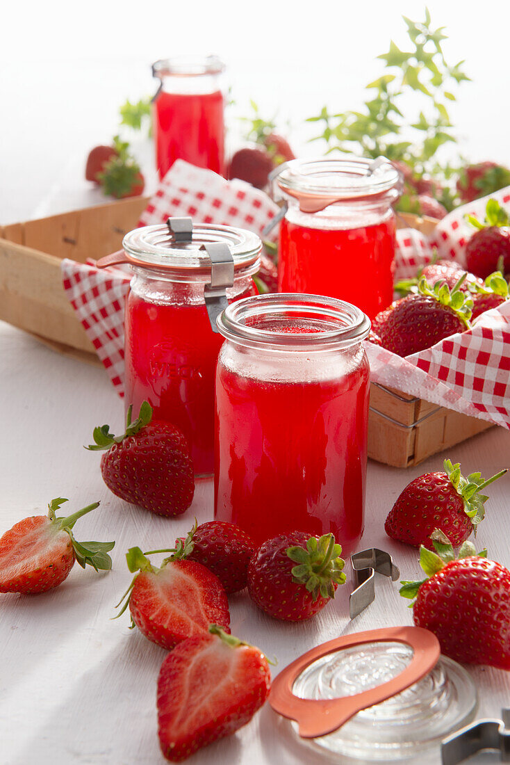 Strawberry syrup in preserving jars