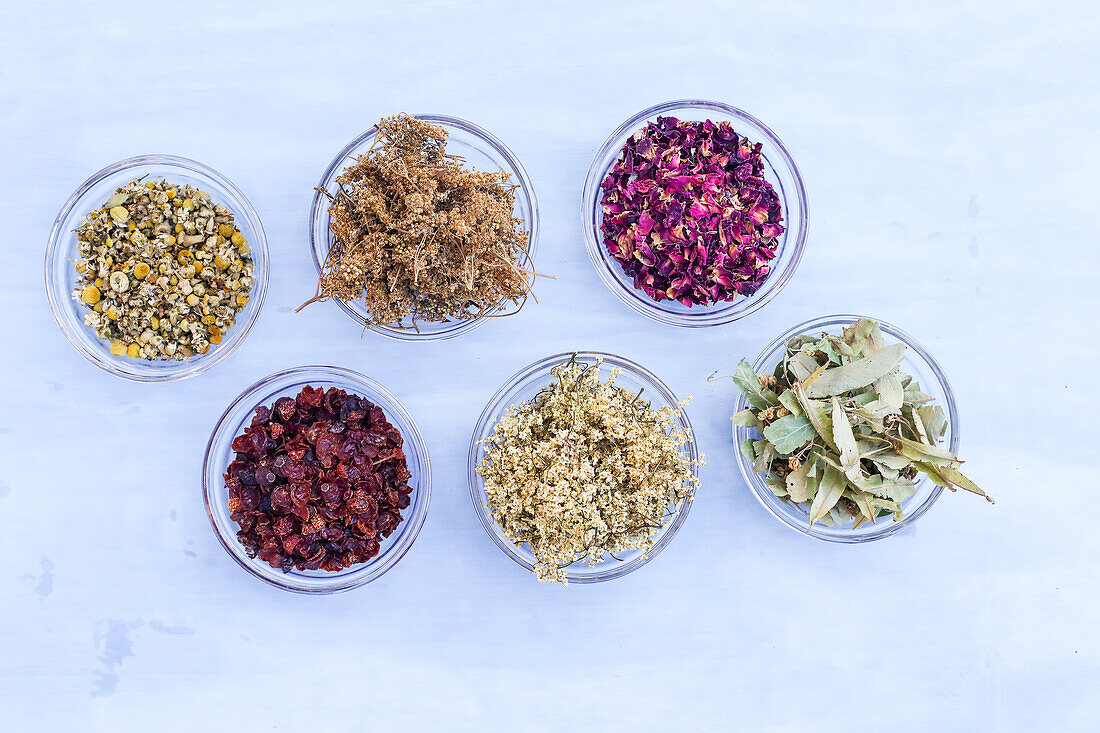 Various dried flowers and leaves for tea