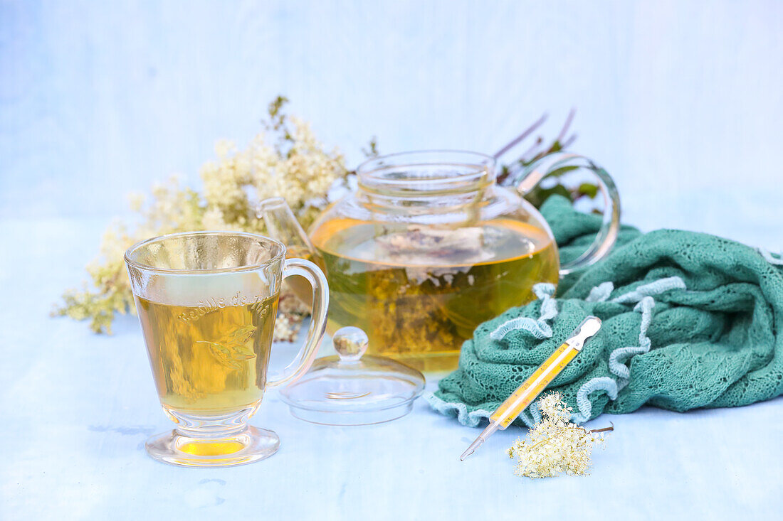 Cold tea with elder, lime and meadowsweet flowers