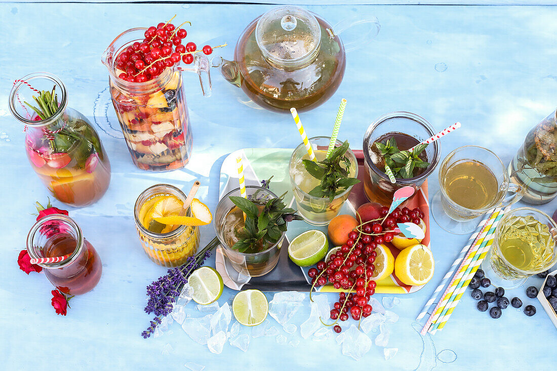 Various teas and drinks with fresh ingredients