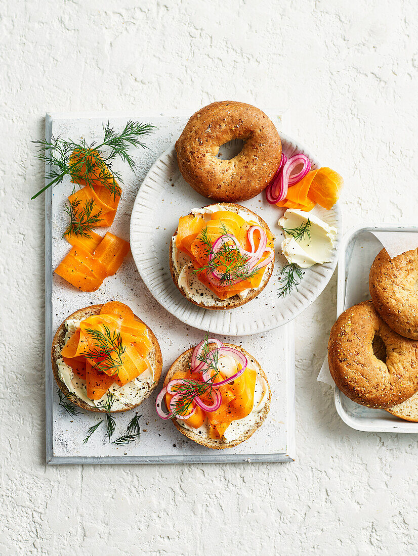 Bagels with cream cheese and "carrot salmon"