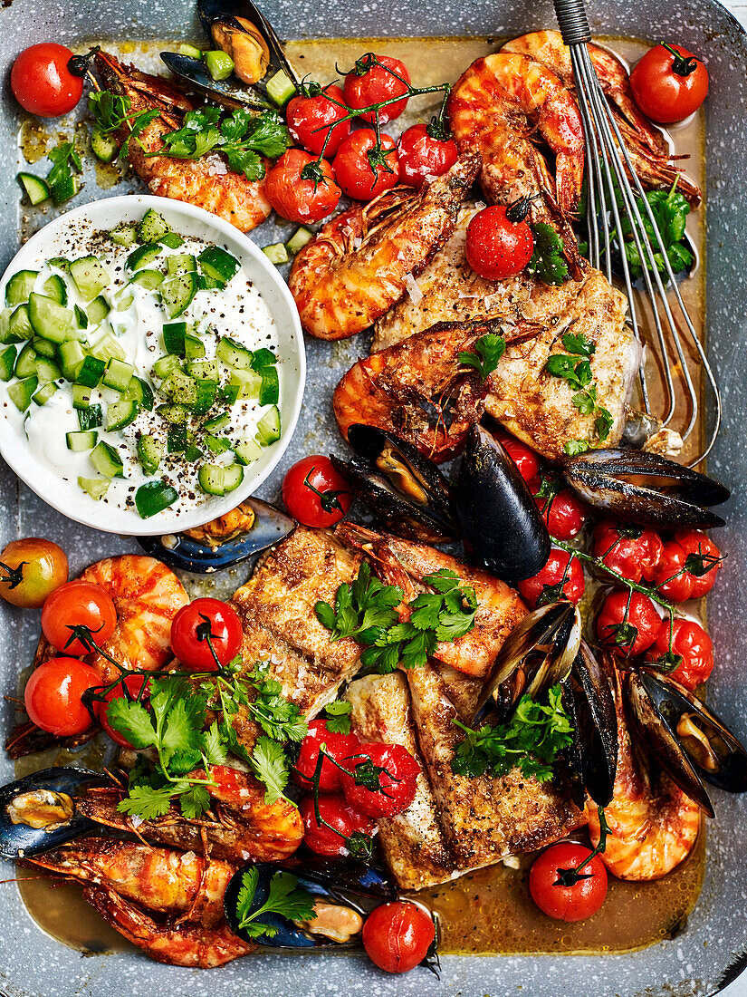 Roasted Middle-Eastern seafood platter
