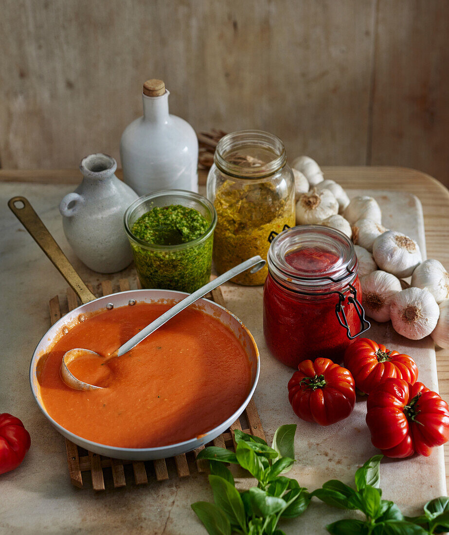 Four pasta sauces, Sugo di Pomodoro, Pesto al Genovese, Pesto alla Trapanese, Napolitana