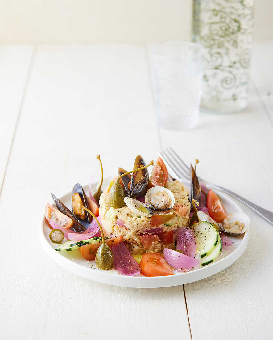 Seafood panzanella with mussels and capers