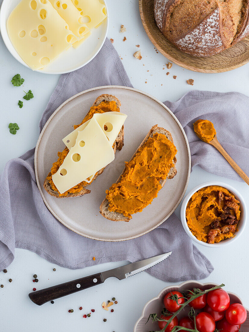 Bread with pumpkin spread and cheese