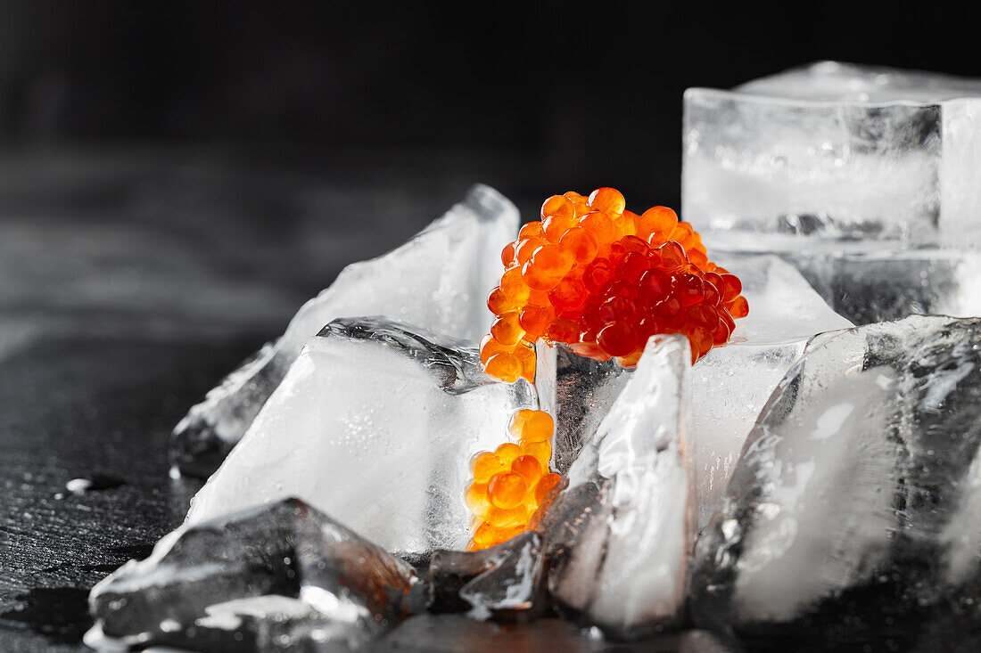Red caviar on blocks of ice
