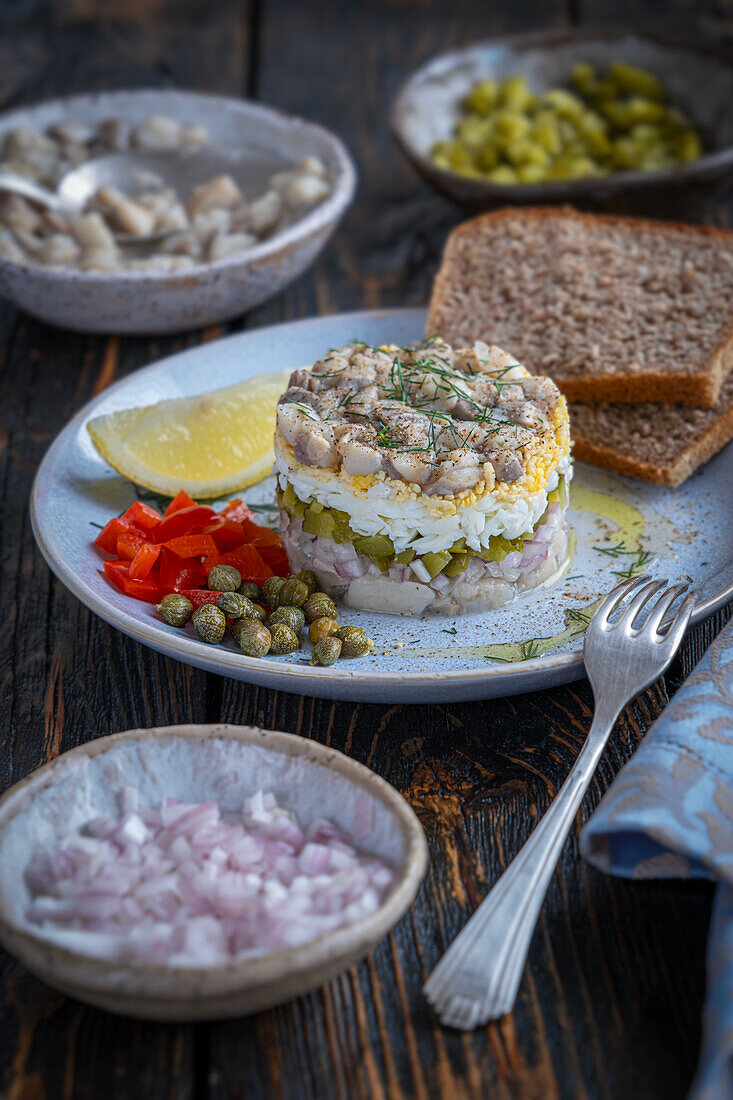 Herring tartare with eggs, shallots and gherkins