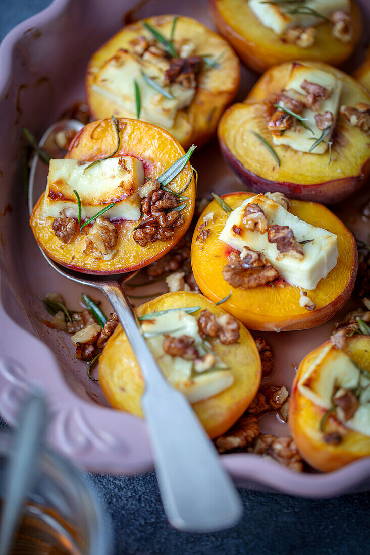 Baked peaches with feta, walnuts and honey