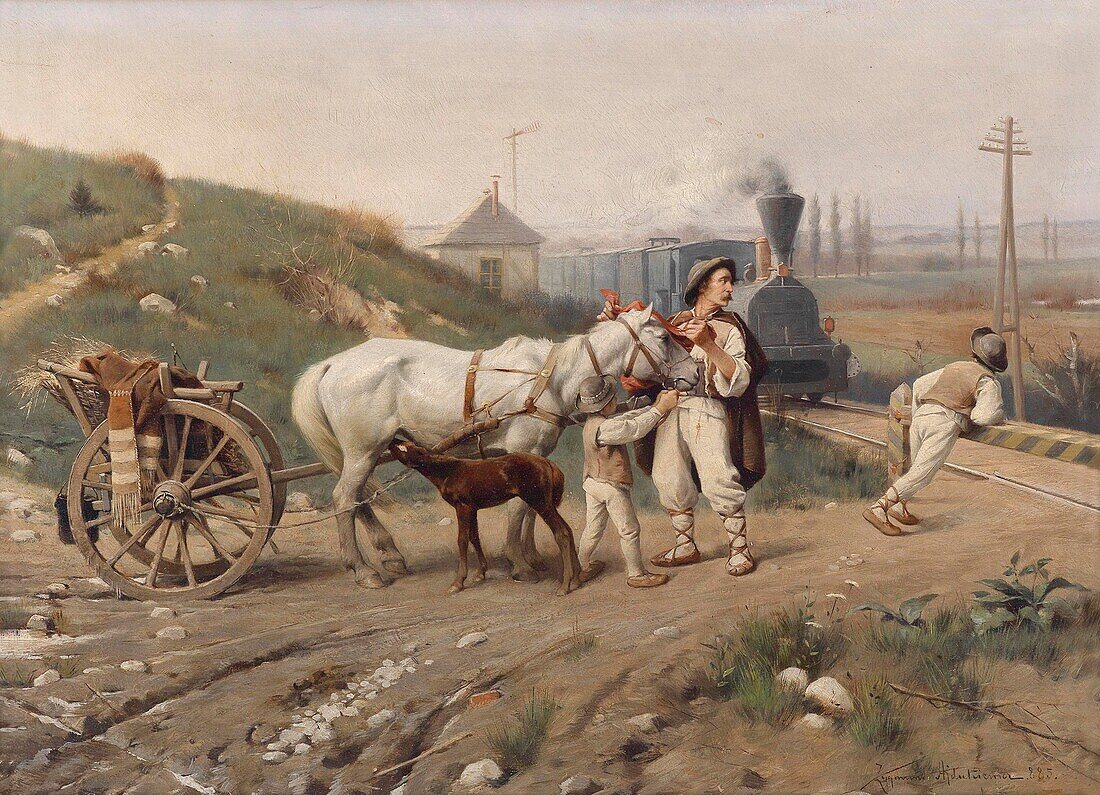 Train and horse and cart, illustration
